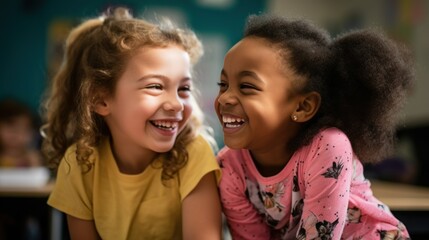 African American and Caucasian little girls having fun in the classroom