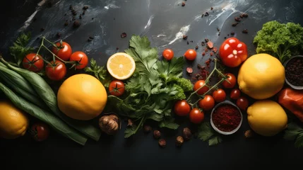 Foto op Canvas Healthy food cooking ingredients background with fresh vegetables, herbs, Spices and olive oil on marble table, Top view. © visoot