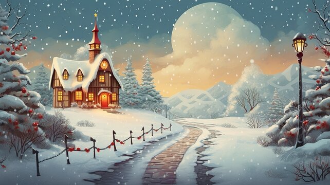 Christmas background, home, snow night, jingle bells, church