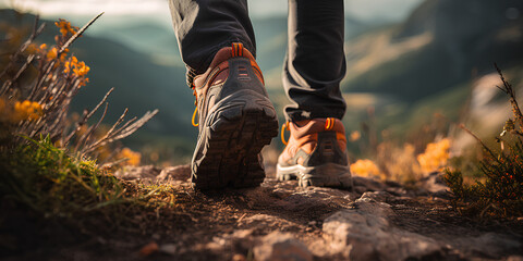 Man hiking up a mountain trail with a close-up of his leather hiking boots. The hiker shown in motion, with one foot lifted off the ground and the other planted on the mountain trail.  - obrazy, fototapety, plakaty