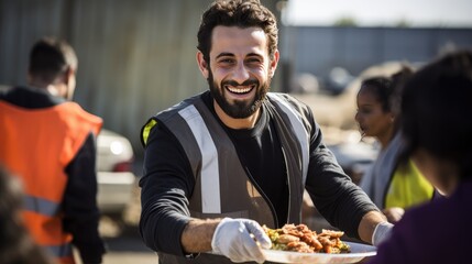 Acts of Kindness Worldwide: A happy volunteer brings food assistance to a diverse group of people in a distribution center. - obrazy, fototapety, plakaty