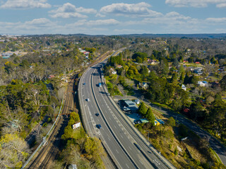 Drone aerial photograph of the Great Western Highway passing through the township of Leura in the upper Blue Mountains in New South Wales in Australia