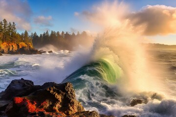 Massive waves, high tide, colorful rainbow in Depoe Bay, Oregon's coastline. Generative AI