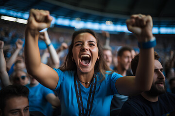 People fan in blue shirts sitting in fan zone watching and cheeringa live match from stands - obrazy, fototapety, plakaty