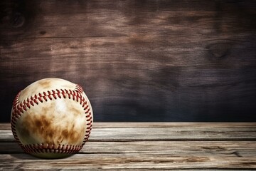 vintage baseball ball on aged wooden table, worn surface, vertical background. Generative AI