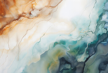 Abstract watercolor background with flowing patterns of gold, turquoise, and gray, resembling liquid art or marble texture