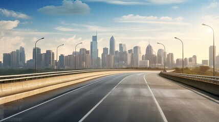 Fototapeta premium a highway with a large city skyline near sunlight, in the style of smooth and curved lines, advertisement inspired,landscape-focused.