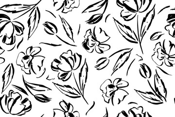 Botanical background from abstract flowers. Sketch drawing of black outlines on a white background. Handmade seamless pattern summer floral. Printing on wallpaper, cover, textile, cover