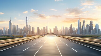 a highway with a large city skyline near sunlight, in the style of smooth and curved lines,...