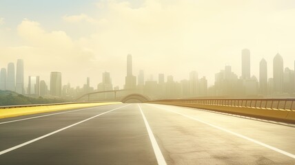 Fototapeta premium a highway with a large city skyline near sunlight, in the style of smooth and curved lines, advertisement inspired,landscape-focused.