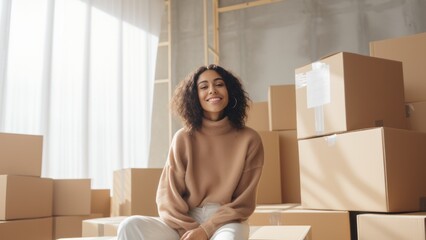 happy confident diverse woman sitting near carton box in new apartment after moving. Real estate, mortgage, banking and moving services. - Powered by Adobe