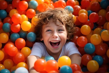 Fototapeta na wymiar happy boy in ball pool. Smiling child playing in colorful ball pit. 