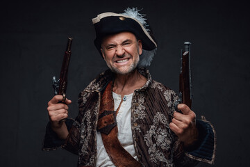 A menacing pirate character, aged and rugged, sporting a wild beard, vest, and hat, brandishing two...