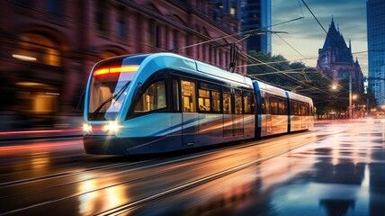 the movement of a tram or light rail system as it traverses the city streets, panning to keep the...