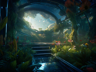 starship's garden with exotic flora under a transparent dome, generative ai