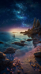  tranquil alien beach at twilight with holographic night sky, generative ai
