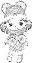 Vector Black and White Cute Little Girl in Winter Outfit for Colouring