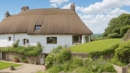 Fototapeta na wymiar Cozy cottage nestled in a picturesque countryside with a thatched roof - AI Generative