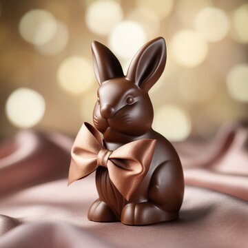A close-up of a chocolate Easter bunny with a ribbon