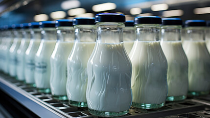 many glass bottles of milk in production. inside milk factory. Industrial process concept.Daily product. Shelves in supermarket.
