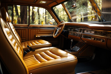 inside retro car in yellow and green colors. vintage aesthetics of the 60s