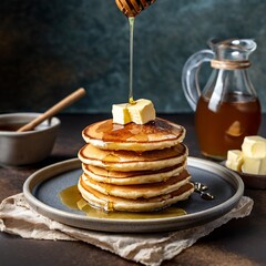 stack of pancakes with honey