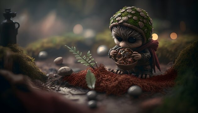 A tiny Celtic goblin planting a seed Soil of the Breton moor soft light earth damp heather ferns vine bark moss pebbles twigs pine trees pinecone mushrooms off center shot macro view photorealistic 