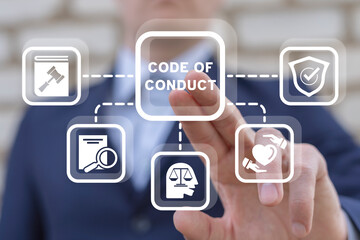 Man using virtual touch screen presses text: CODE OF CONDUCT. Ethical policy or rules, regulation or principles guideline for work responsibility, compliance document or company standard concept.