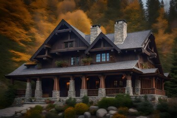 Craftsman-style house with beams and a stone chimney - AI Generative