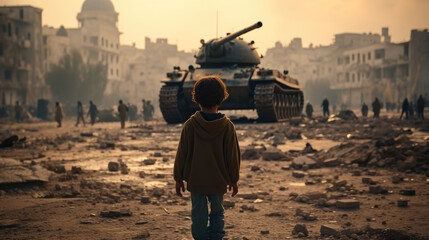 Rear view, A child stands in front of a military tank during the war with Mosque in the background.