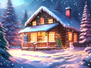 Fototapeta premium Christmas cabin in the mountains illustration.