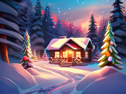 Illustration Of Christmas Cabin In A Winter Forest.