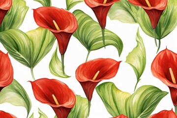 Red watercolor calla lily flower pattern. Generative AI