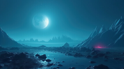 Fototapeta na wymiar Alien world with hazy blue atmosphere and moon in the sky