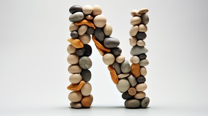 A letter N made of stacked pebbles on a white shelf.
