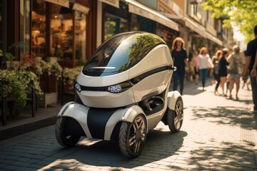 Small three-wheeled electric vehicle driving along a pedestrian avenue full of cafes.