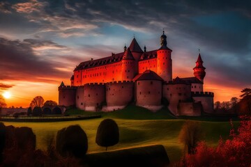 Fototapeta premium Fantasy Photography of castle, it is red amazing sunset , one ufo is landing there - AI Generative