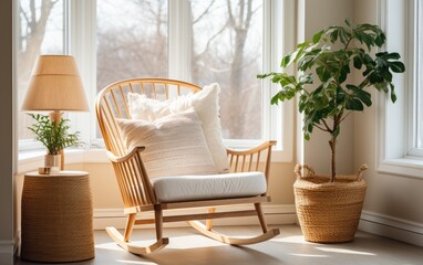 Wooden rocking chair with a beige rocking cushion. A coffee table and a lamp. Simple american style interior.