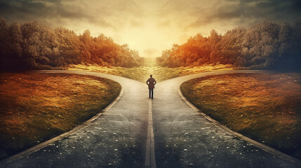 Person standing at the crossroads and choosing which way to go, on a gloomy autumn day with light of hope on the horizon. Making decisions and choices in life. - obrazy, fototapety, plakaty