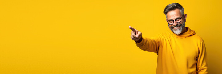 middle age man wearing yellow casual clothes pointing with finger and hand to the side looking at the camera against a yellow background. Banner design with space for text