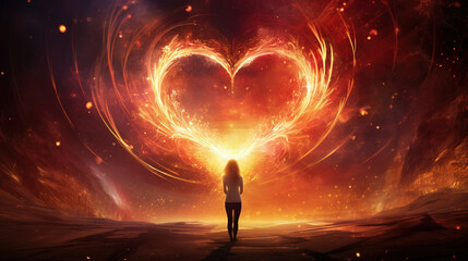 Young woman looking at a glowing heart made of fire and light energy. Symbol of love and kindness in the sky. - obrazy, fototapety, plakaty