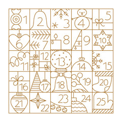 Christmas Advent Calendar elements with cute line illustrations. Simple outline icons grid