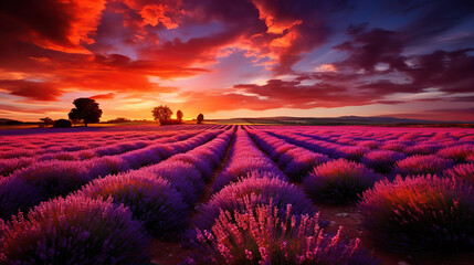 Fototapeta premium Sunset over endless lavender fields. Created with Generative AI