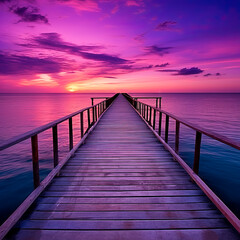 Fototapeta na wymiar A pier stretching out into the ocean at purple sunset. Generative AI