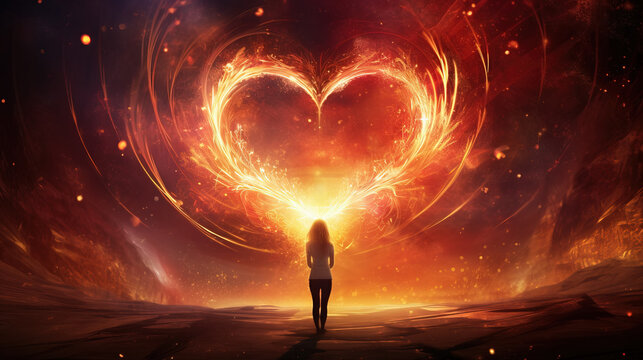 Naklejki Young woman looking at a glowing heart made of fire and light energy. Symbol of love and kindness in the sky.