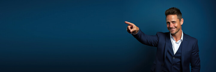 young handsome man wearing formal blue clothes pointing hand and finger to the side looking at the camera against a blue background. Banner design with space for text
