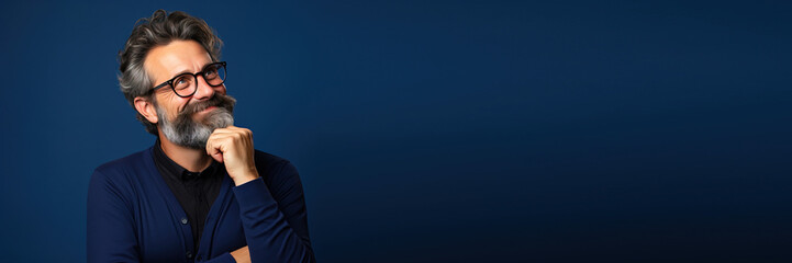 middle aged man thinking looking up wearing casual clothes against a blue background. Banner design with space for text