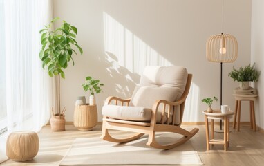 Wooden rocking chair with a beige rocking cushion. A coffee table and a lamp. Simple american style interior.