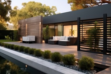 Fototapeta na wymiar This serene outdoor home setting exudes a contemporary elegance, Merging nature with refined design.