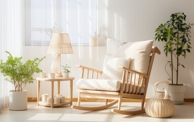 Wooden rocking chair with a beige rocking cushion. A coffee table and a lamp. Simple american style...